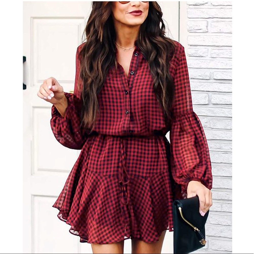 Red and black plaid long sleeve button up t shirt tie waist chiffon dress
